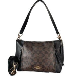 Coach Marlon Brown Signature Coated Canvas Black Leather Hobo Shoulder Bag